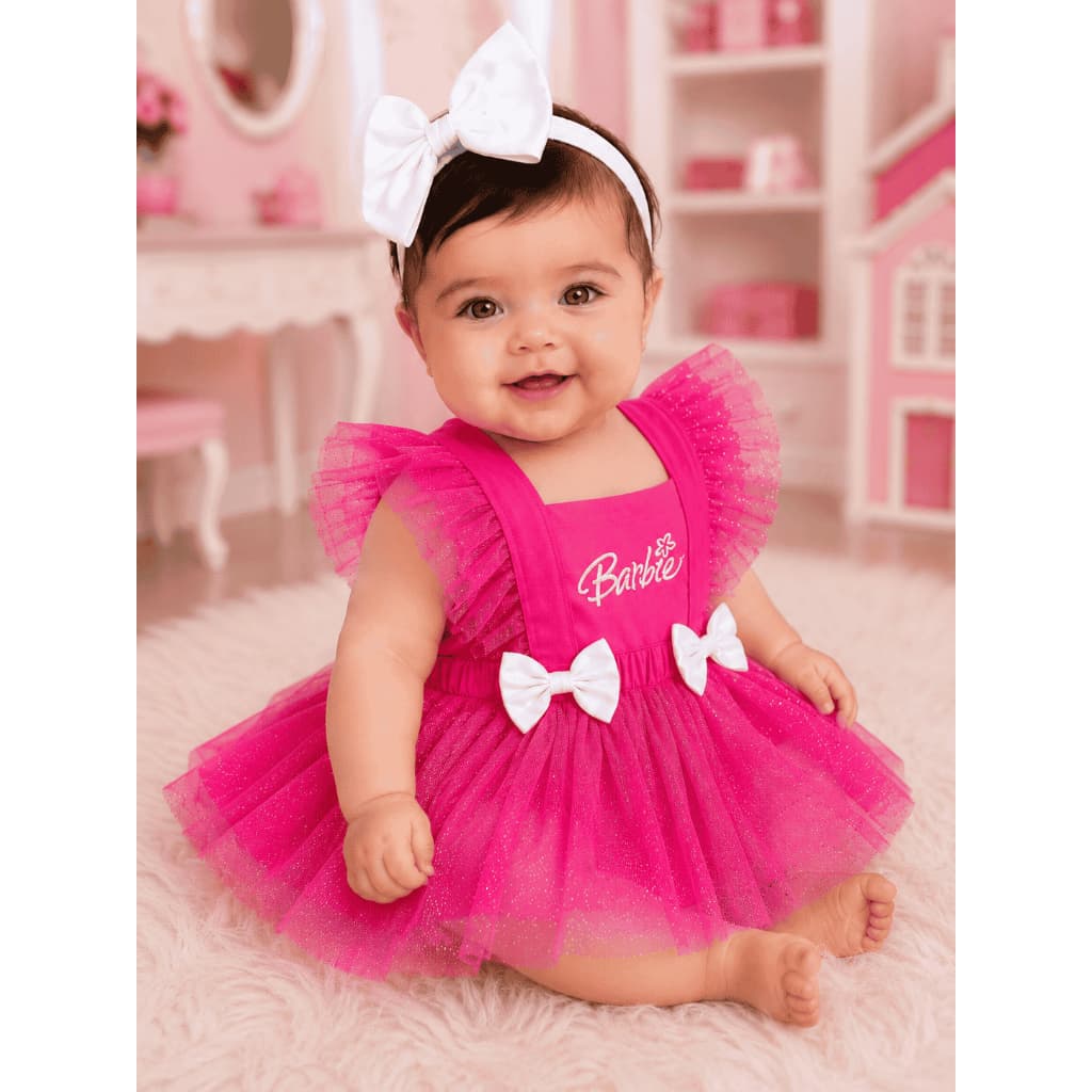 Jardineira Saia Tule Glitter Barbie Laço Ajustável Bebê Romper Cintura Elástico Fantasia Aniversário