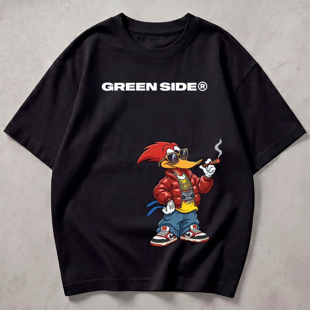 Camiseta Premium Green Side Streetwear Cartoon Pica Pau Fashion Moda Coleção 2026 Dia a Dia