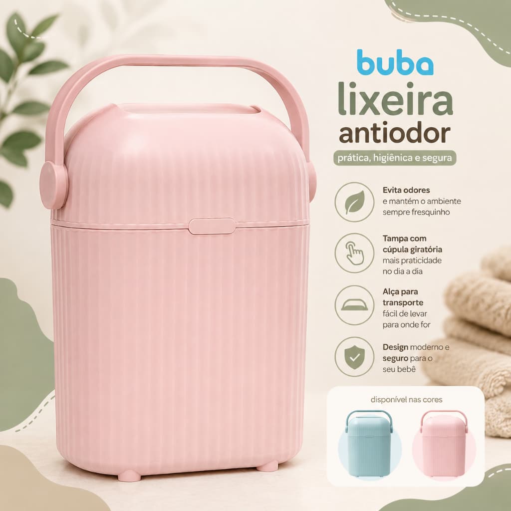 Lixeira Anti Odor Buba para Fraldas com Tampa Vedada Controle de Odores, Higiene e Praticidade