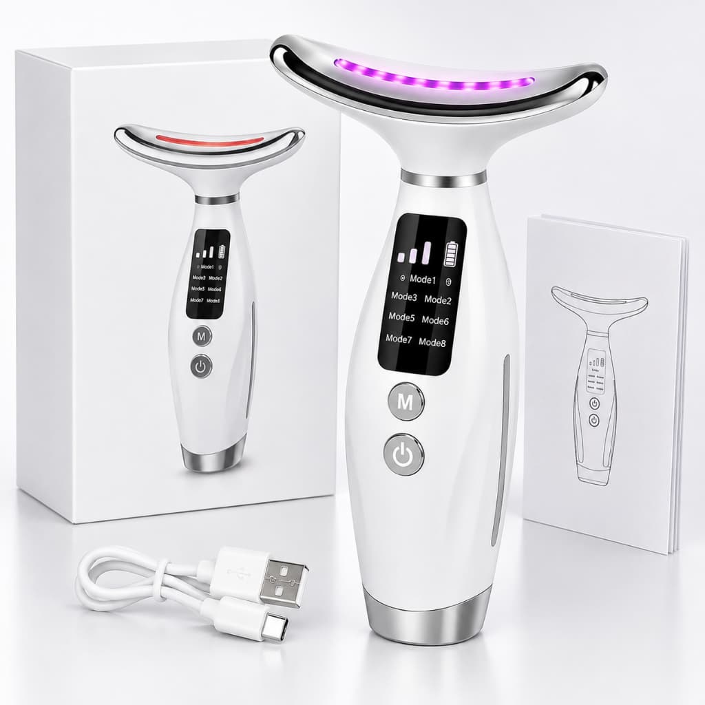 Massageador Facial e Pescoço com Led 7 Cores para Lifting e Rejuvenescimento Anti - Rugas