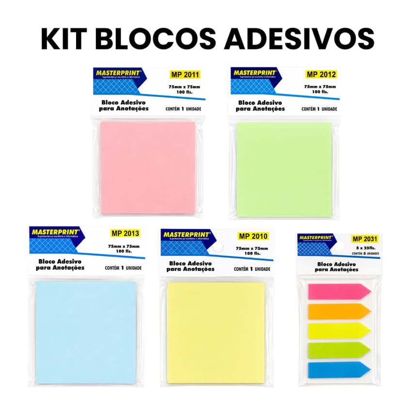 Kit 5 Blocos Adesivos para Anotações 75x75mm 100 Folhas e Marca Páginas Masterprint Coloridos