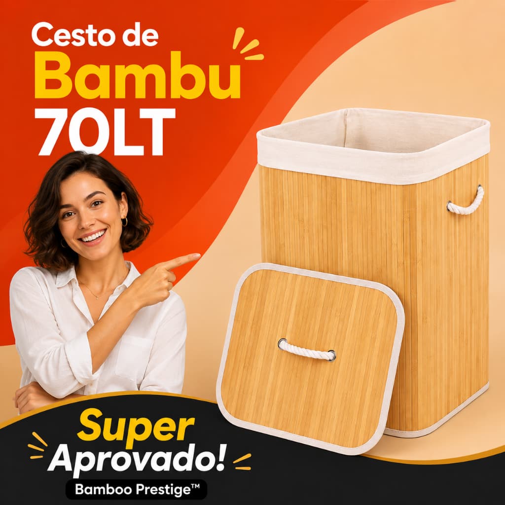 Cesto de Bambu 70L com Tampa e Alças Organizador para Roupa Lavanderia Quarto Banheiro