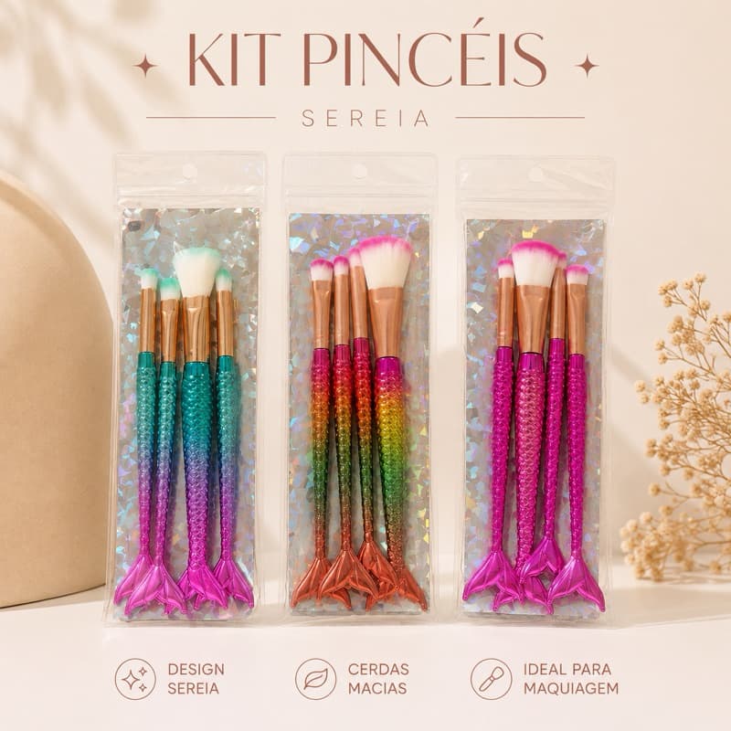 Kit Pincéis de Maquiagem Sereia 4 Peças Profissional para Base Pó Blush Sombras e Corretivo