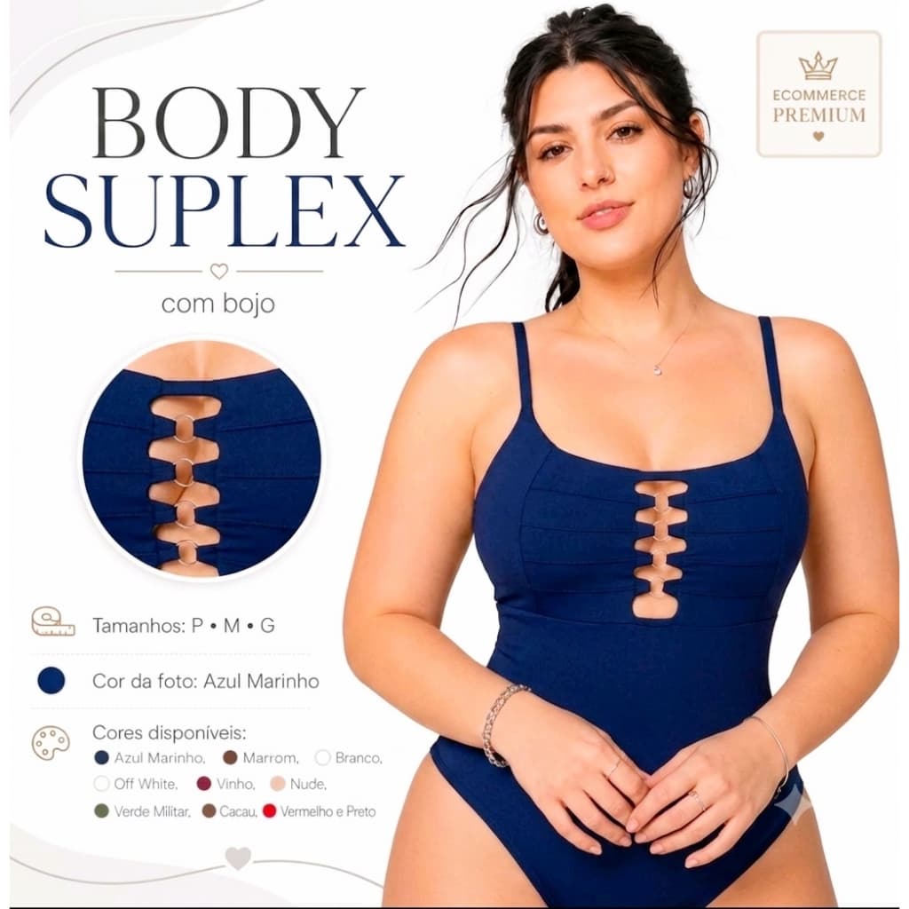 Body Feminino com Bojo em Suplex Detalhe Argola na Frente Modelador Confortável Moda Feminina