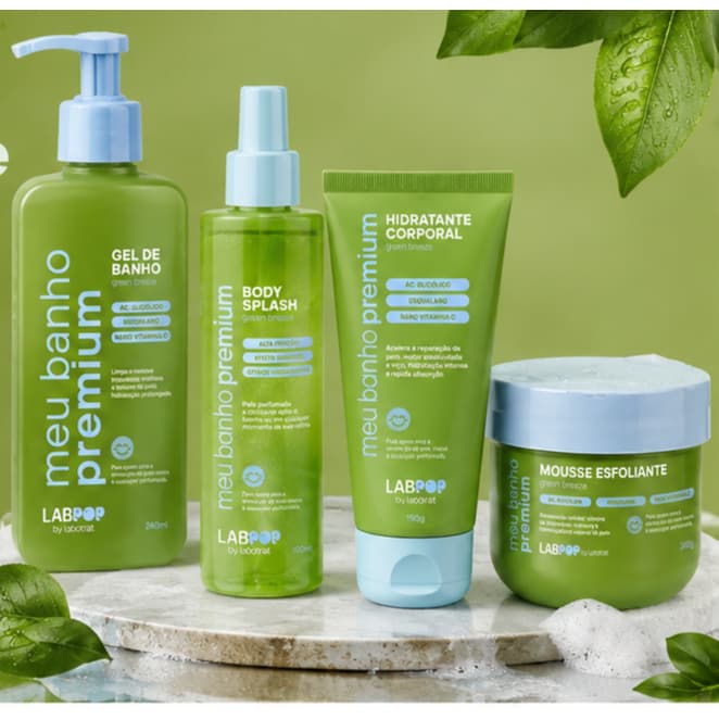 Kit Labotrat LabPop Green Breeze: Gel de Banho, Hidratante Corporal e Mousse Esfoliante – Pele Macia e Perfumada