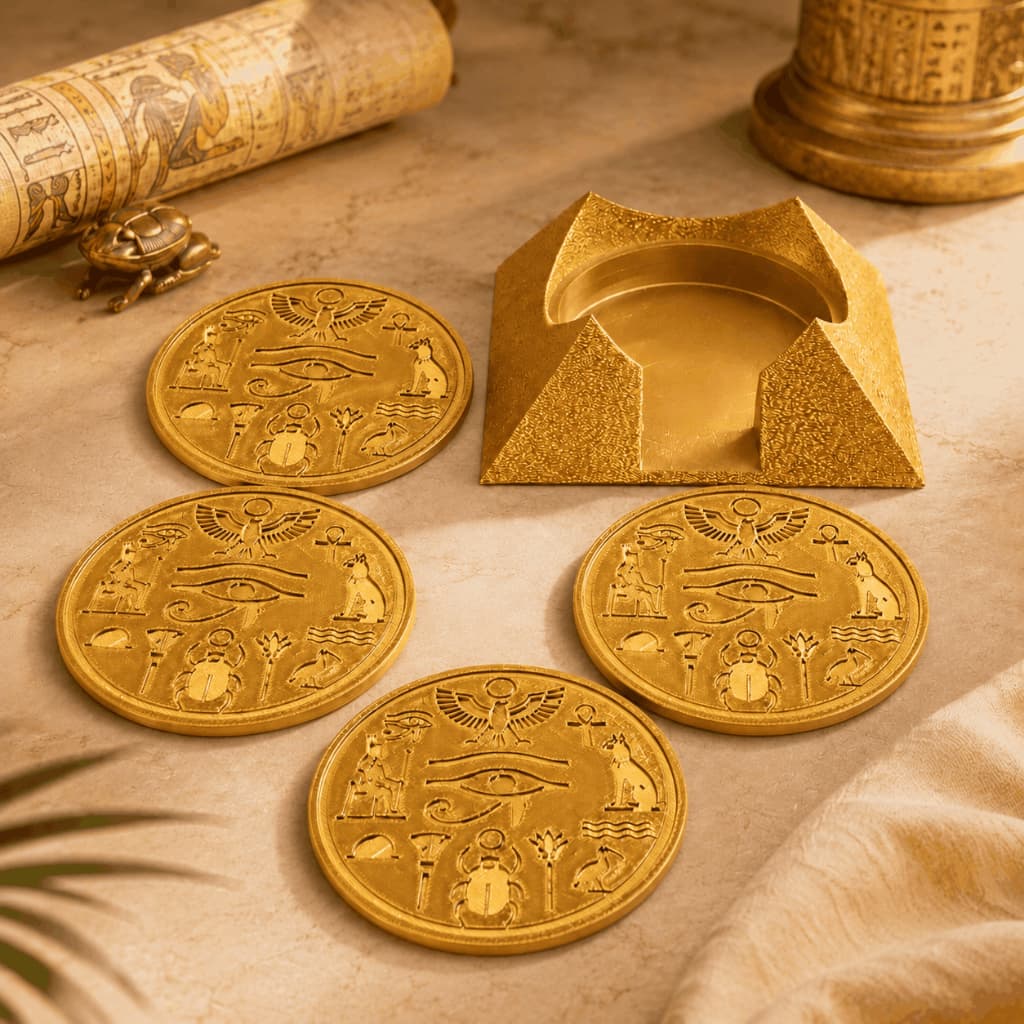 Kit Porta-Copos Egípcio + Suporte Pirâmide 4 Peças Redondo Olho de Hórus Decoração de Mesa
