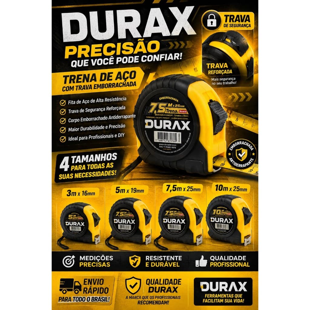 Trena de Aço c/ Trava Emborrachada 3m x 16mm / 5m x 19mm / 7,5m x 25mm / 10m x 25mm - Durax