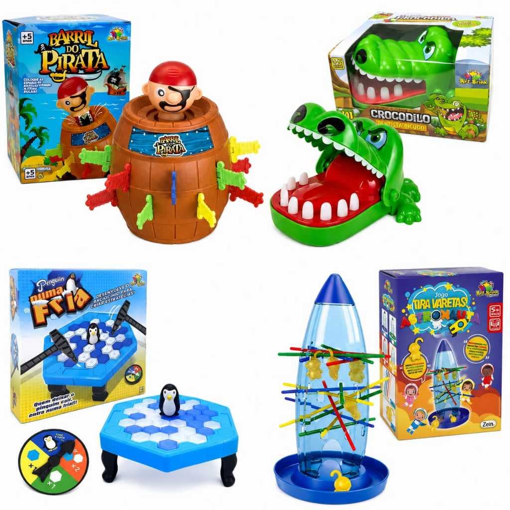 Kit 4 Brinquedos Divertidos Educativos(Pinguim Numa Fria+Pirata+Crocodilo Morde Dedo+Tira Varetas)
