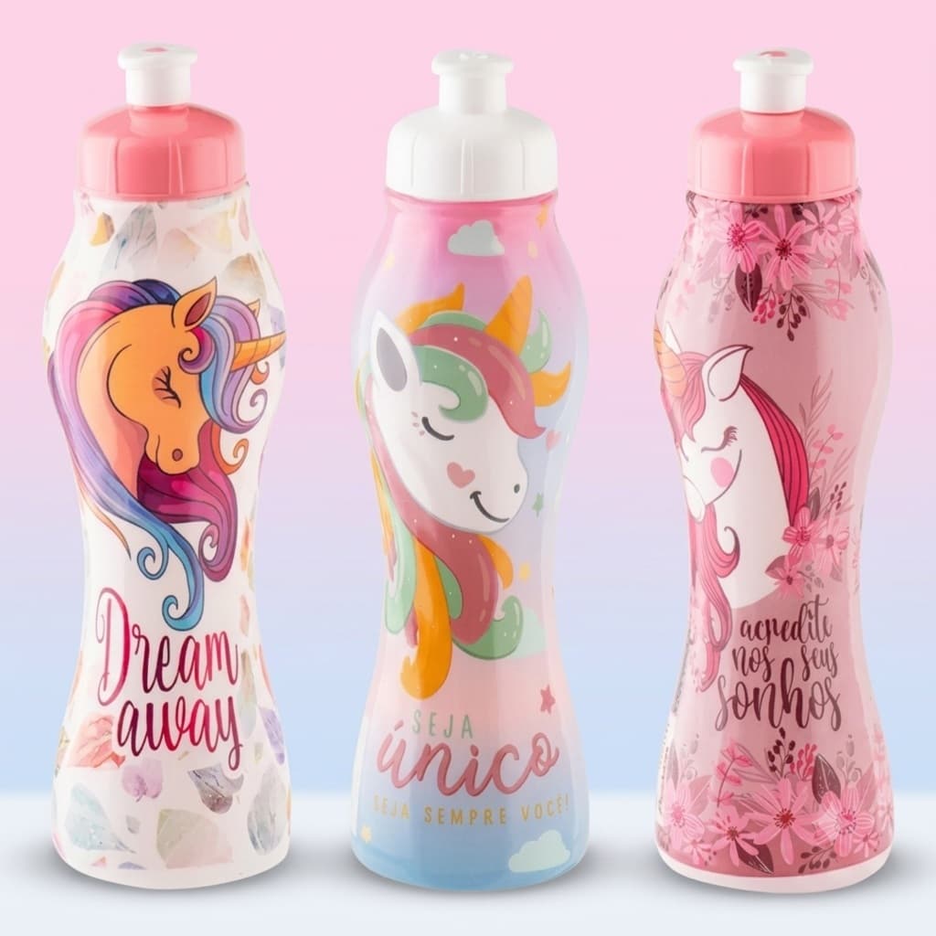 Garrafa Squeeze Infantil Unicórnio 450ml BPA Free - Unidade ou Kit 2 Unidades Escolar Passeio