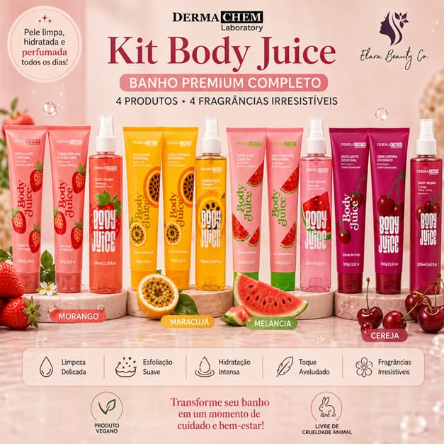 Kit Body Juice DermaChem Banho Body Splash Esfoliante Creme Corporal Sabonete Morango Maracujá Melancia Cereja