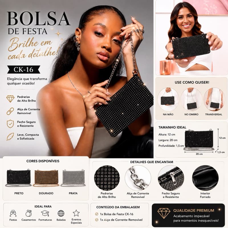 Bolsa de Festa Feminina com Strass Brilhante Alça de Corrente Clutch Elegante para Casamento e Eventos 2602
