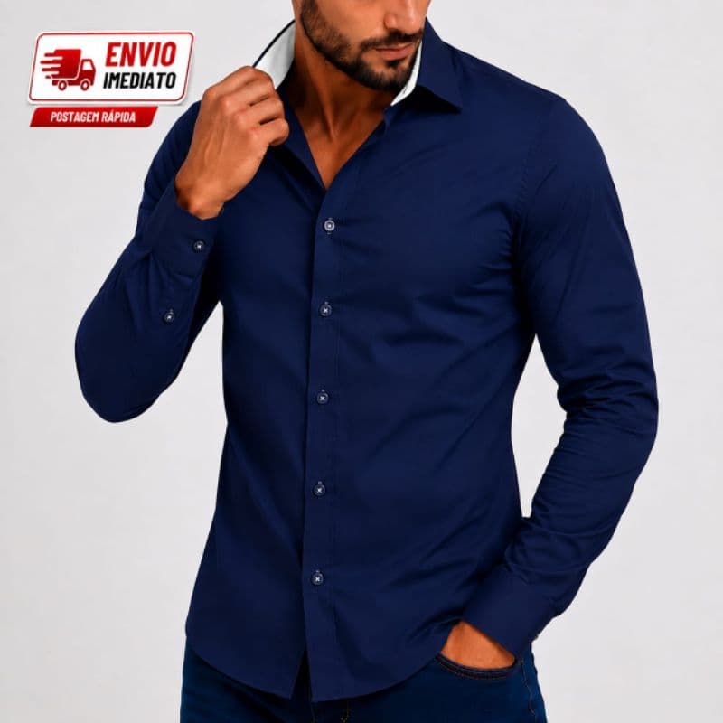 Camisa Social Masculina Azul Marinho Manga Longa Elegante Moderna