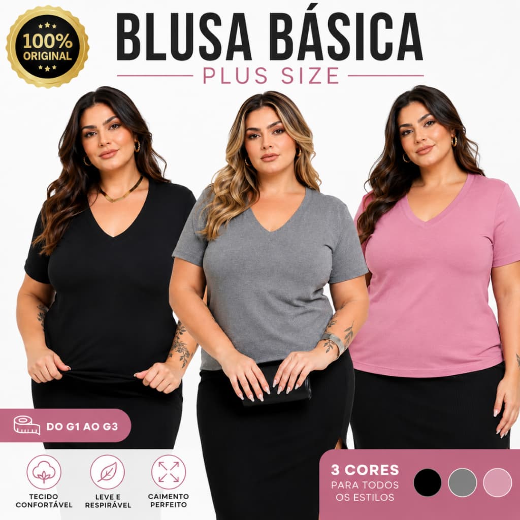 Kit 3 Blusas Camiseta T-shirt Feminina Plus Size Academia e Fitness Preta Rosa e Cinza Feminino Gola V