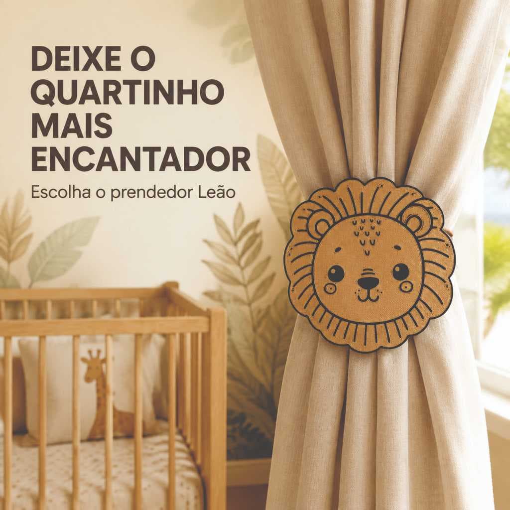 Prendedor de Cortina Infantil Leão com Argola Abraçadeira Decoração Quarto de Bebê Safari 2 Unidades