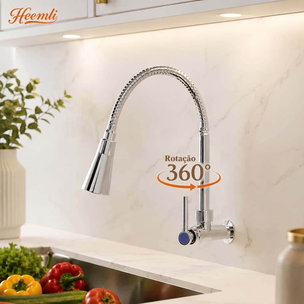 Torneira Gourmet Heemli para Cozinha de Parede Aço Inox Prata com Chuveiro Flexível 360°