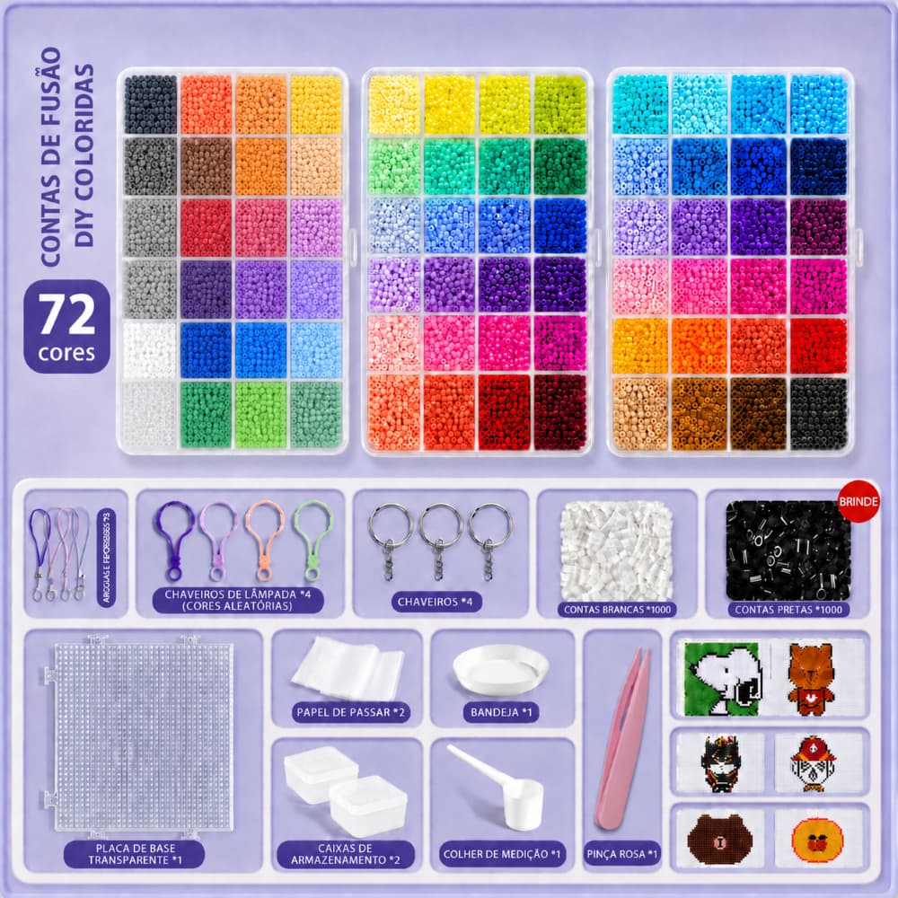 Kit Perler Hama Beads 2,6mm 31200+ Peças 72 Cores Caixinha + Pegboard +Pinça + Papel + Pinça + Guia