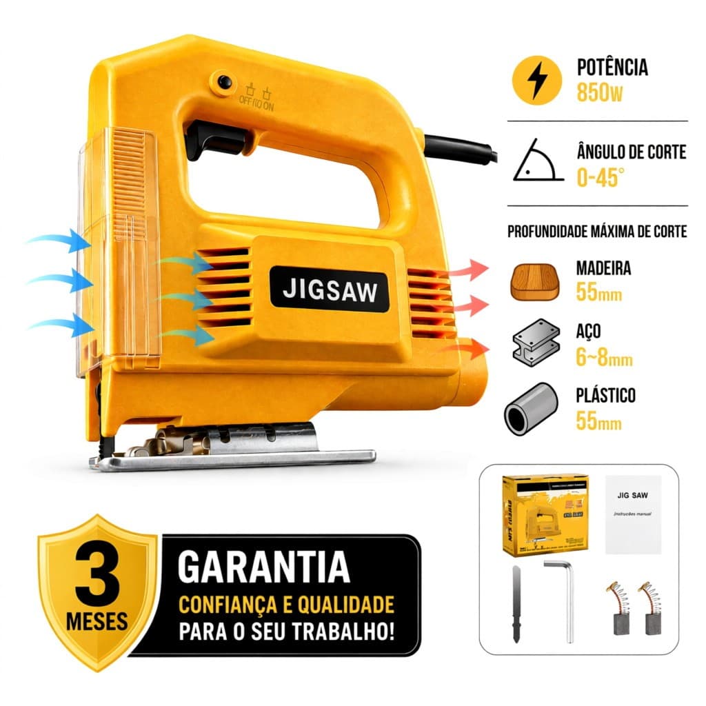Serra Tico Tico 850W com Laser Guia Base Ajustável 0-45° para Corte Madeira MDF Metal Plástico 110V/220V