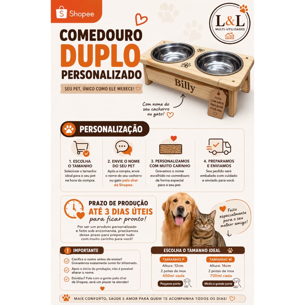 Comedouro Duplo Personalizado para Cães e Gatos | Madeira + 2 Potes Inox | Nome do Pet