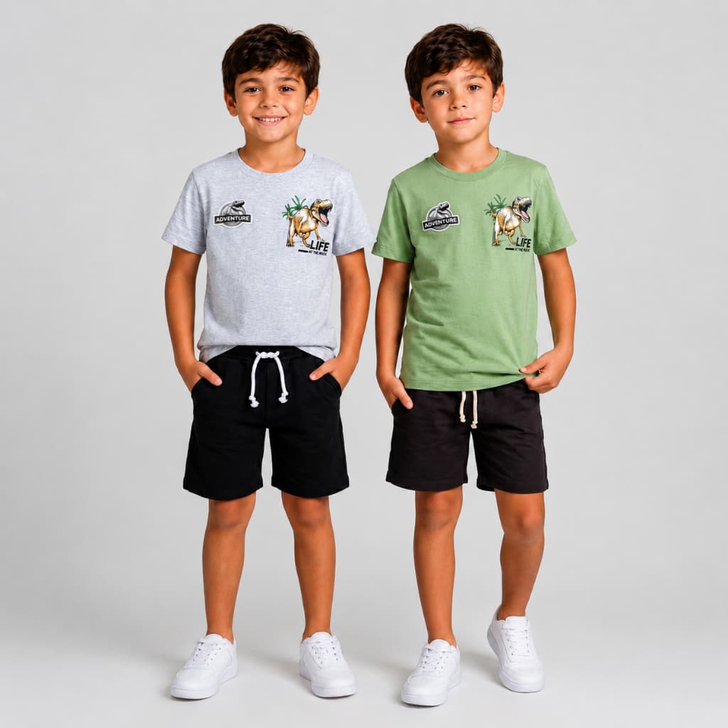 Kit 2 Conjunto Infantil Masculino Camiseta Estampada e Bermuda Menino Algodão