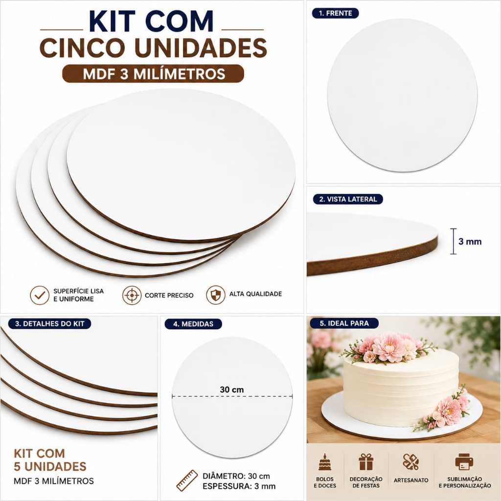 Cake Board MDF 30cm Kit 5 unidades 3mm cakeboard tabua Tabuleiro bolo confeitaria