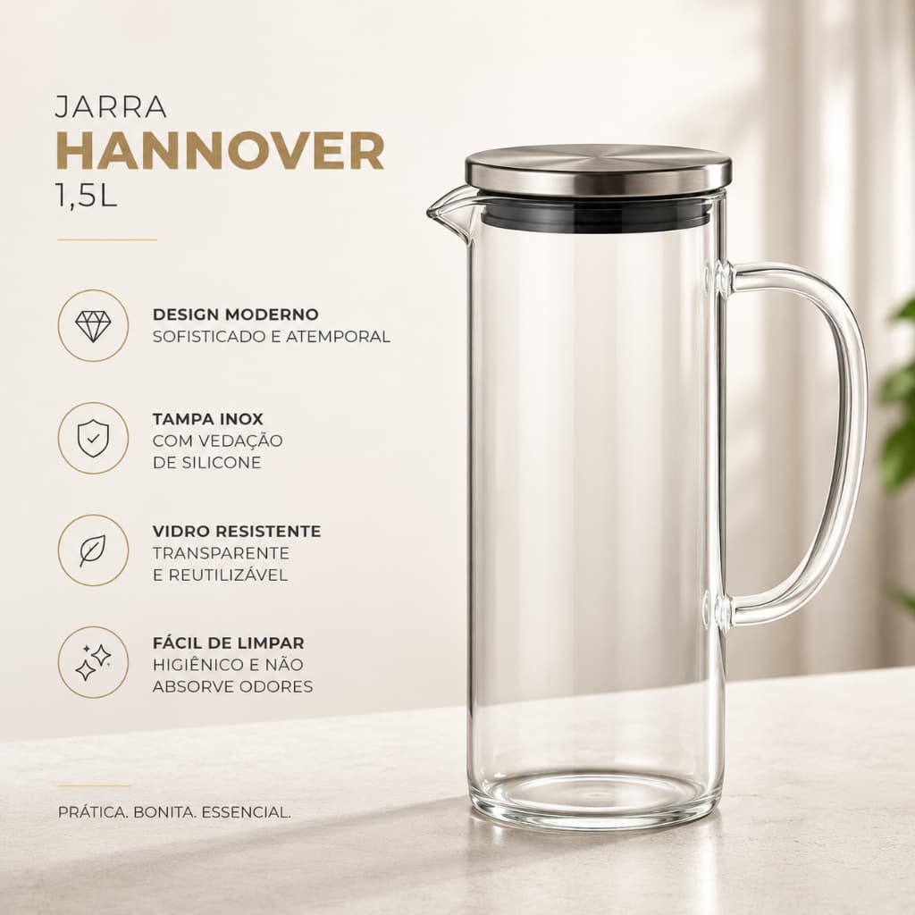 Jarra de Vidro Hannover 1,5L com Tampa Inox Hermética Alça e Bico para Água Suco Chá Refresco Mesa Cozinha