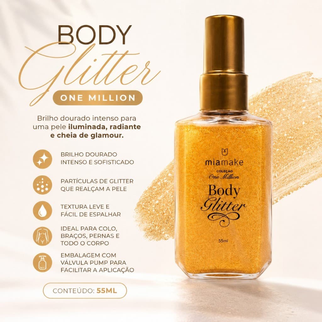 Body Glitter One Million 55ml | Glitter Corporal Dourado Iluminador | Brilho Intenso para Corpo