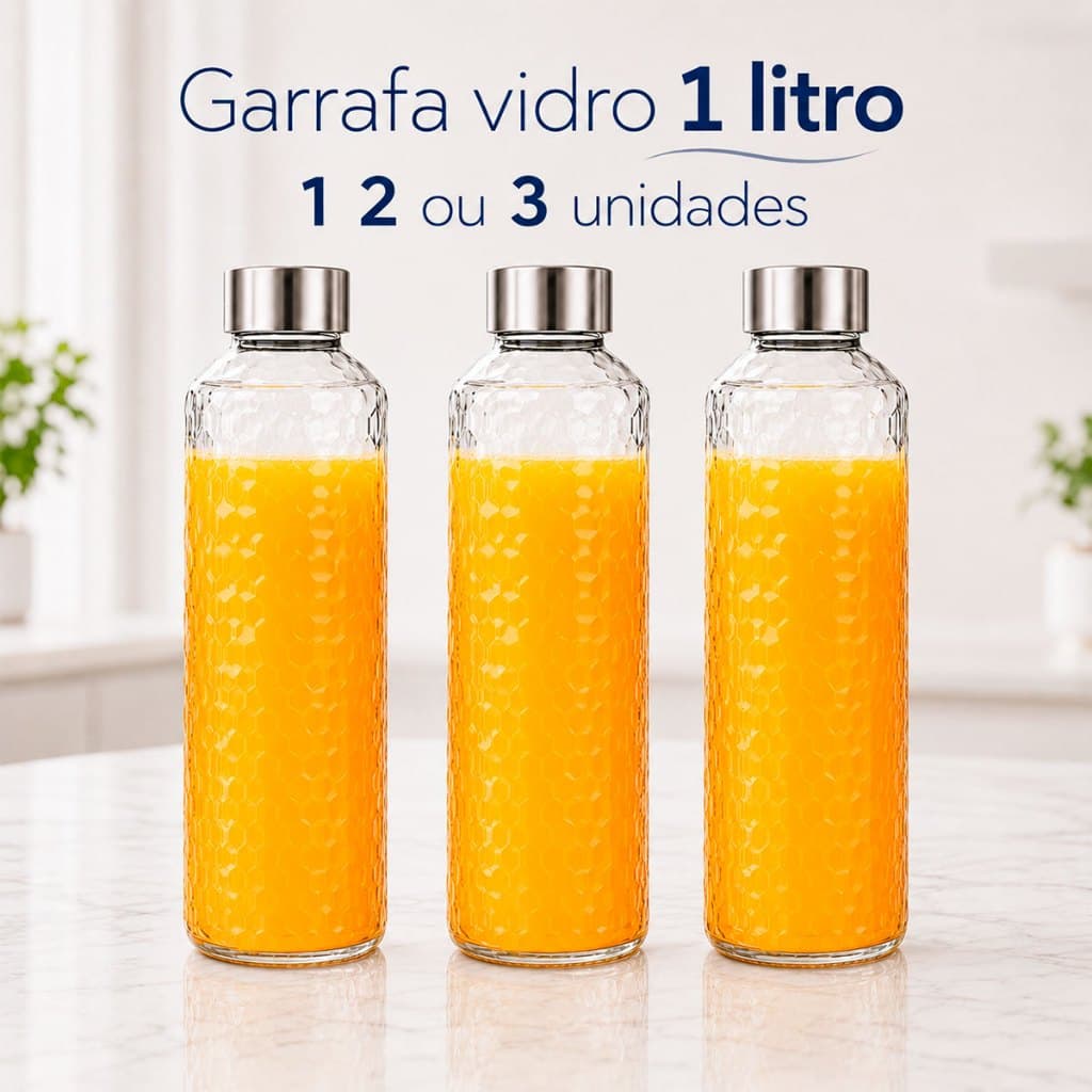 Garrafa Vidro Effect Tampa Hermética Inox 1 Litro Geladeira Suco Água Leite Elegante
