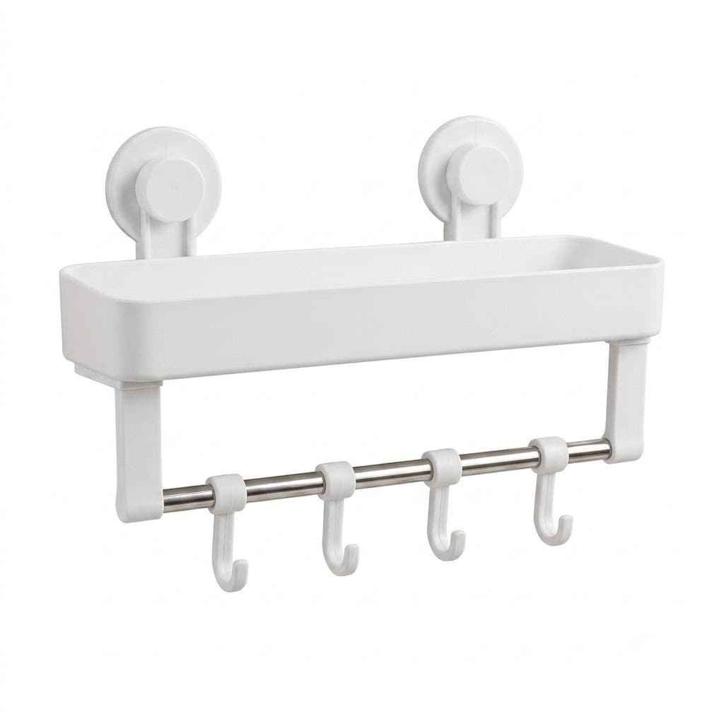 Suporte Organizador de Parede com Ganchos Branco | Fixação por Ventosa Adesiva Sem Furo, Banheiro Lavanderia e Cozinha