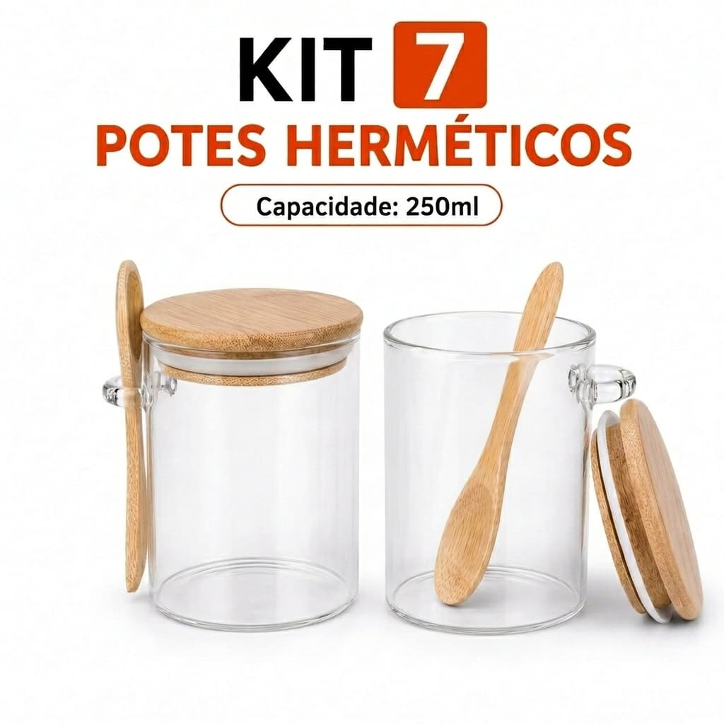 Kit 7 Pote Vidro Hermético Potinho Com Tampa E Colher Bambu 250ml