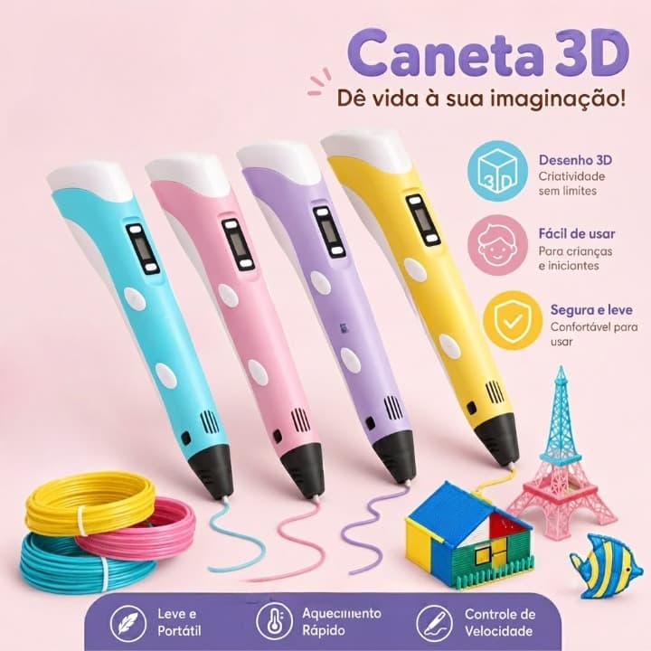 Caneta 3D Manual com Filamentos para Desenho Modelagem e Artesanato Hello