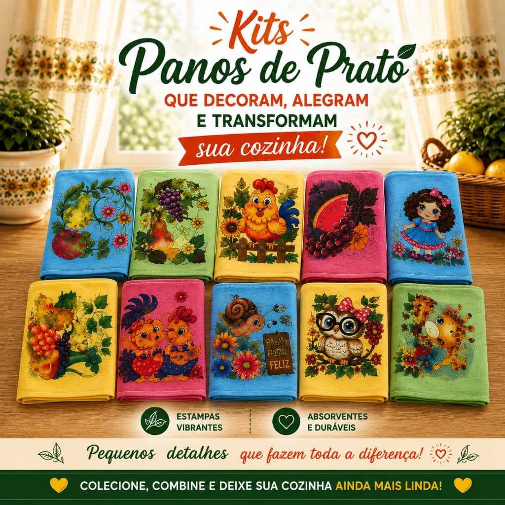 Kit Panos De Prato estampado e absorvente que secam. Desenho bonitinho, alegre, variados. 100% Algodão ORIGINAL Colorido