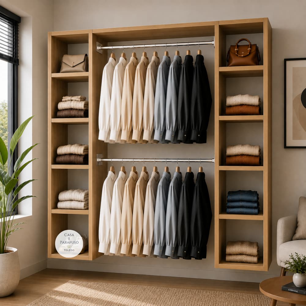 Guarda-Roupa Closet Aberto Suspenso com Cabideiro Duplo e Nichos Organizador-188