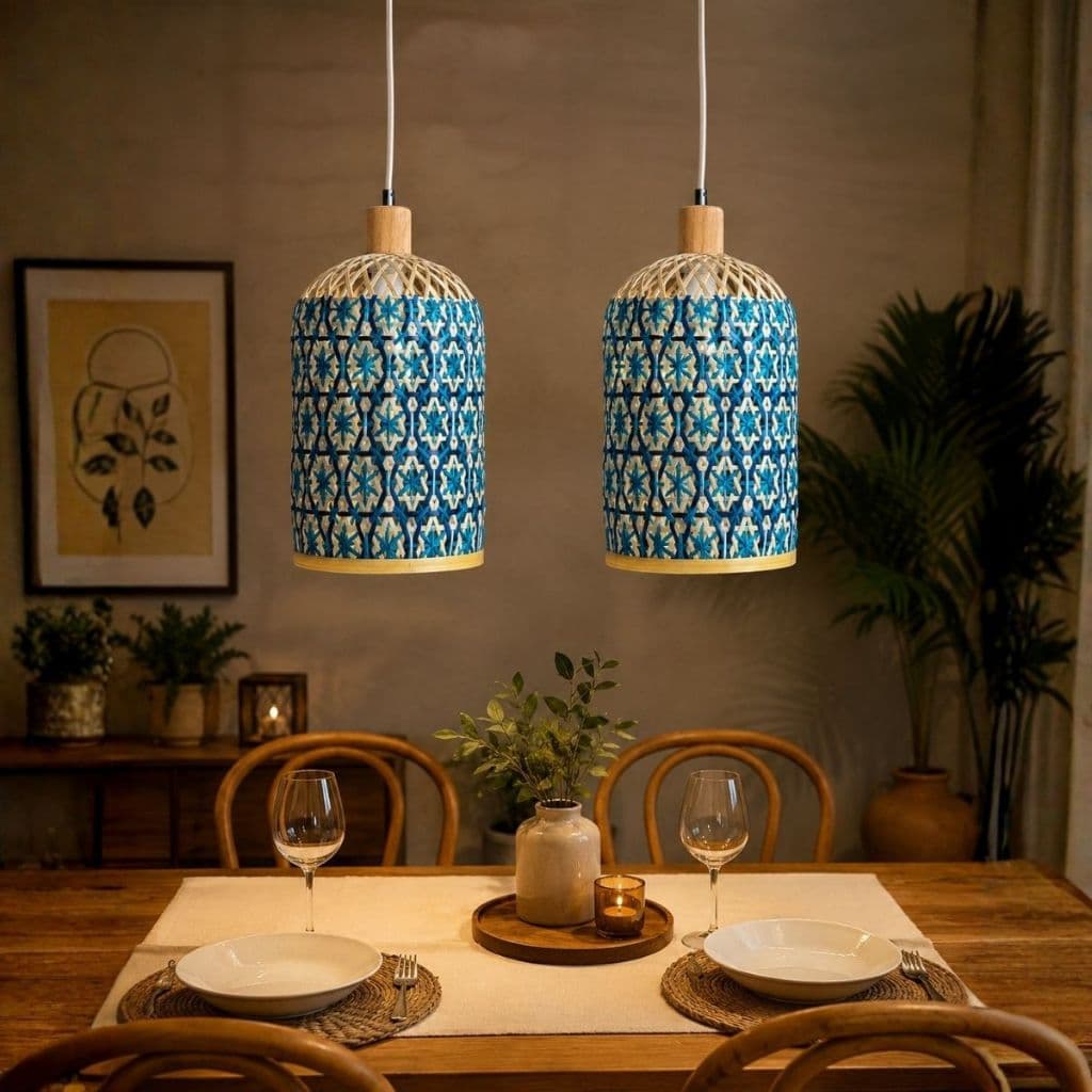 Kit 2 Luminarias Lustre Fibra Natural Bambu Palha Colorido  127/220v Azul