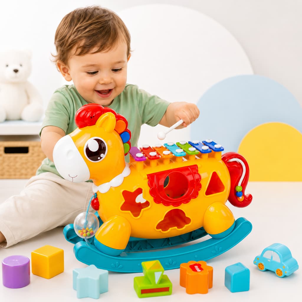 Pônei Musical Infantil 3 em 1 Xilofone 8 Teclas Encaixe de Formas Cavalinho de Balanço