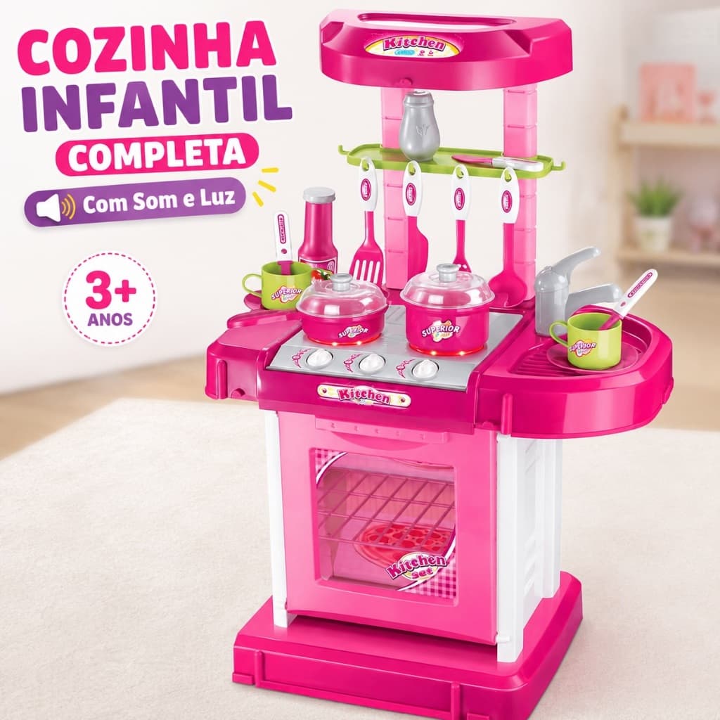 Cozinha Infantil Completa com Som e Luz Fogão Forno Pia Acessórios Brinquedo Mini Chef Rosa 3+ Anos