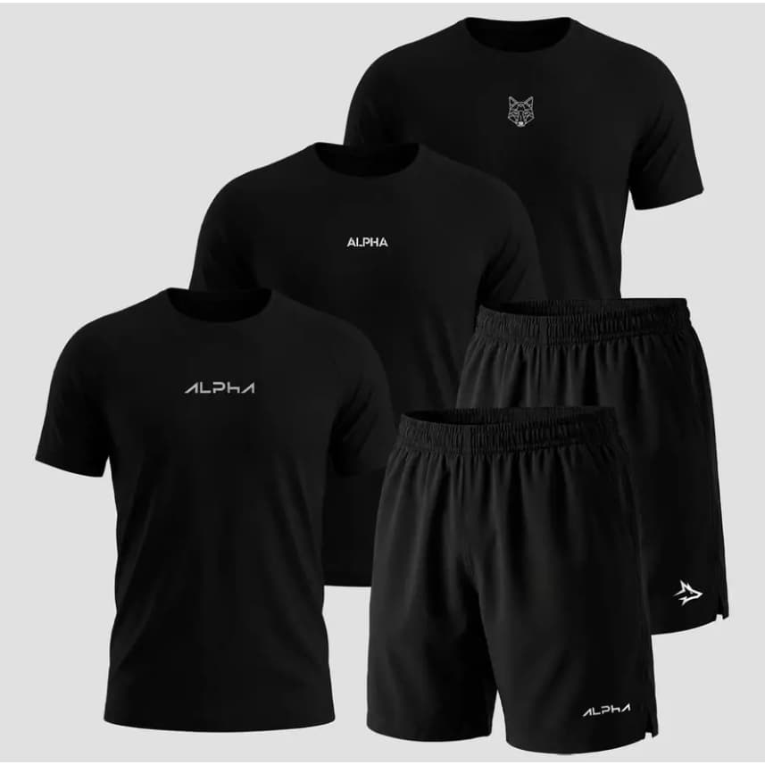 Kit 5 Peças Dry Fit 3 Camisetas e 2 Bermudas Short Elastano Preto Alpha Academia