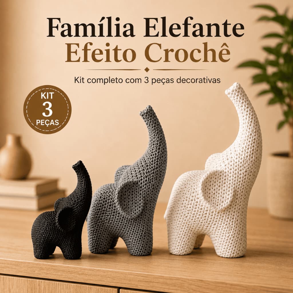 Kit 3 Elefantes Decorativos Efeito Crochê Decoração Sala Estante Aparador