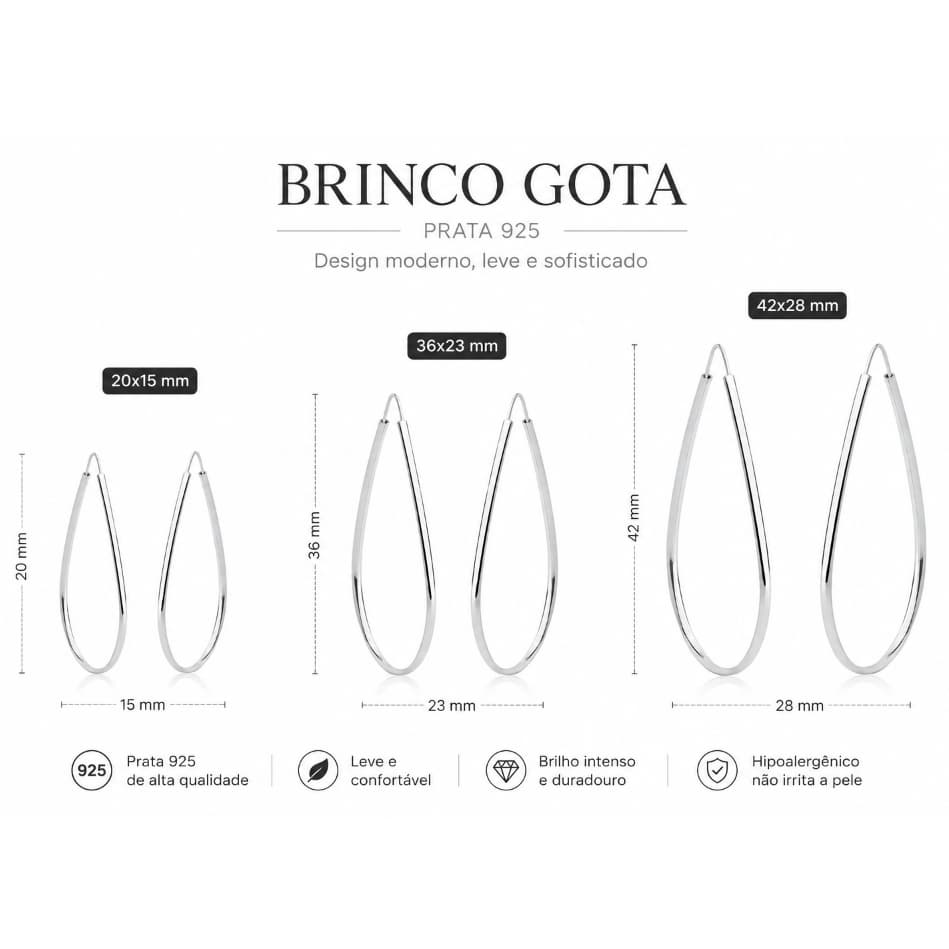 Argola Gota fio quadrado Prata 925 Legítima