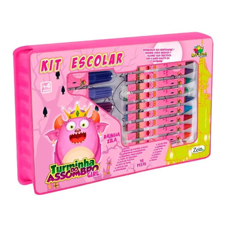 Kit Escolar 94 Pc Rosa Material Completo Kids Canetinhas Lapis Giz Estojo Educativo Colorir Desenho