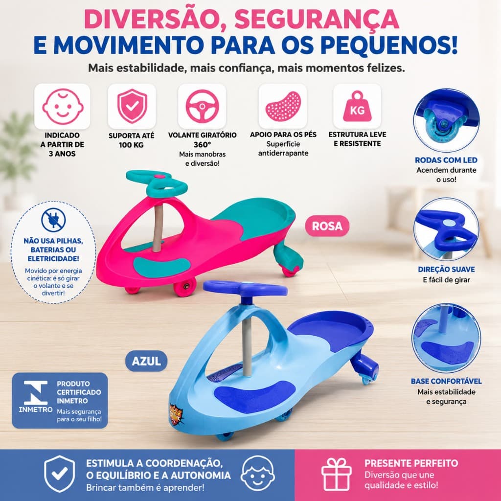 Carrinho Infantil Super Car Giratório 360° Com LED Sem Pilha  3+ Anos Várias opções de cores