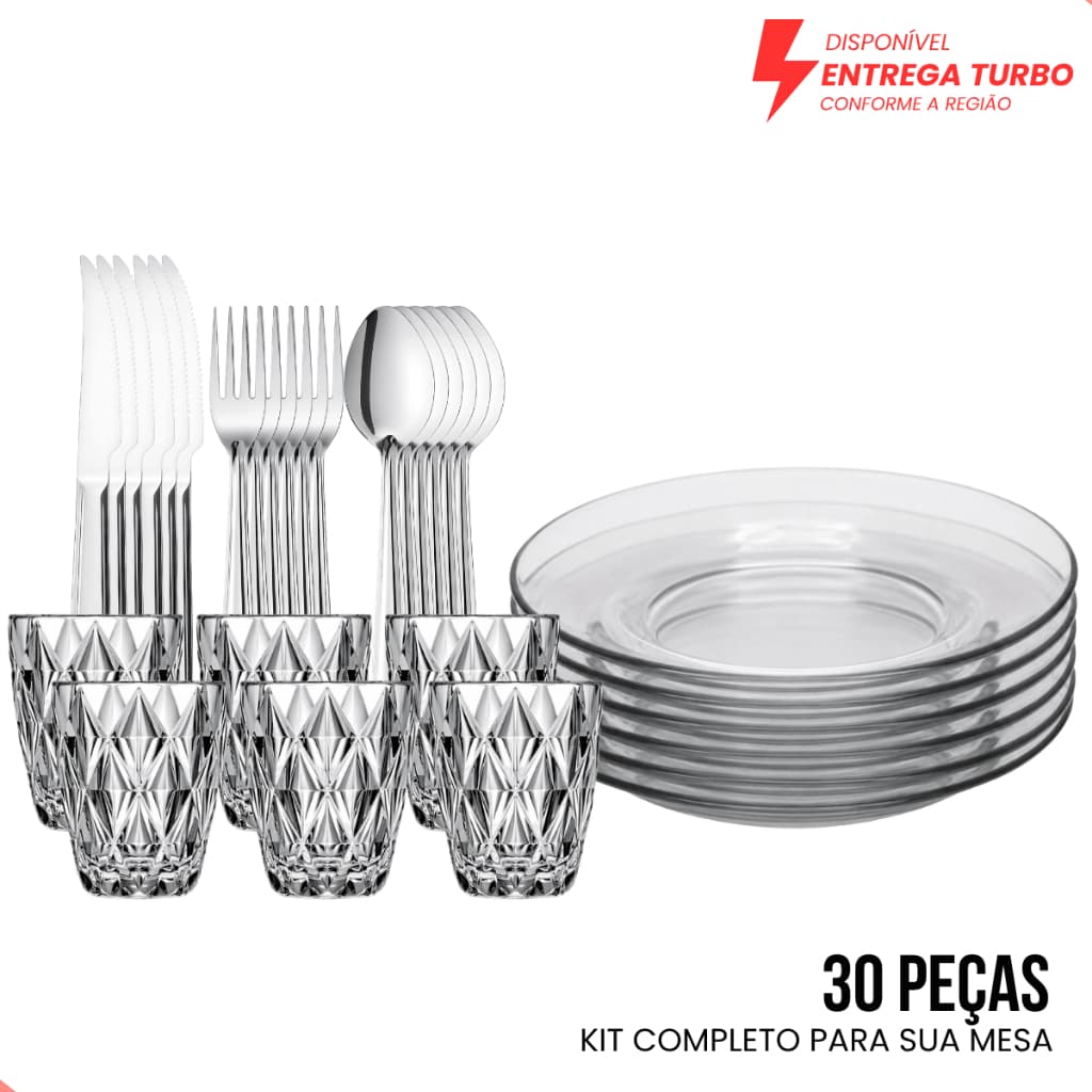 Aparelho de Jantar 30 Peças em Vidro - 6 Pratos + 6 Copos + 18 Talheres