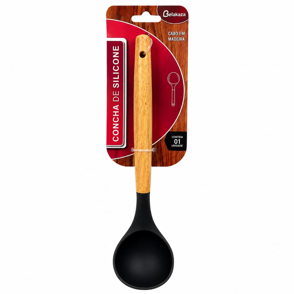 Concha de Silicone Preta 29,5cm com Cabo de Madeira Belakaza para Cozinha