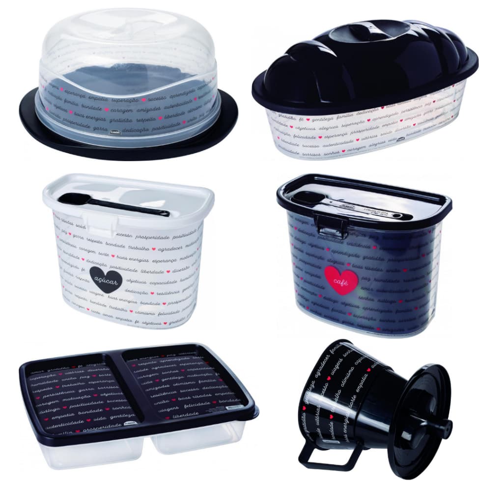 Kit Mesa Posta Plasutil: Porta Frios, Pote Para Café, Pote Para Açúcar, Suporte Para Filtro, Boleira, Porta Pão