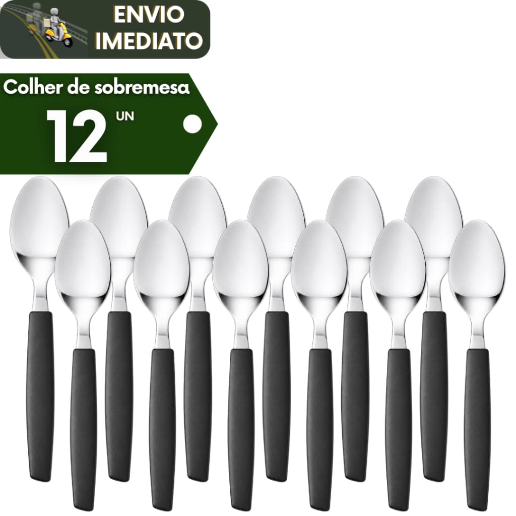 Kit 12 Colheres Pequena Preta Chá Inox Cabo Plástico Colher Resistente para Café Sobremesa Cozinha