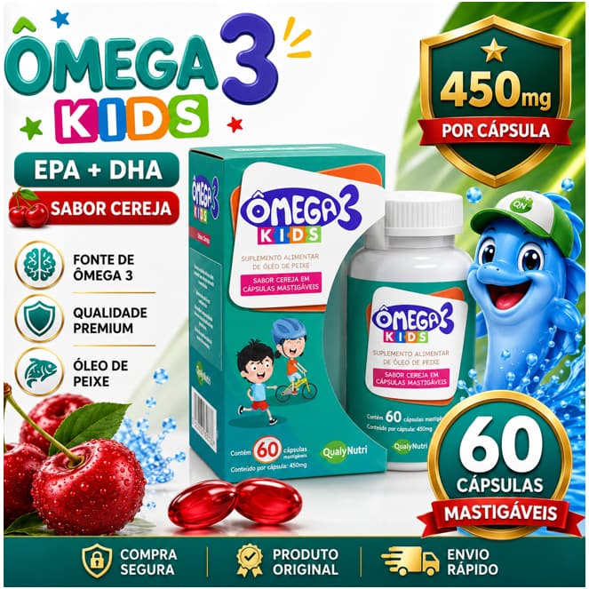 Ômega 3 Kids Peixinho Mastigavél Sabor Cereja 60 Cápsulas DHA EPA Infantil