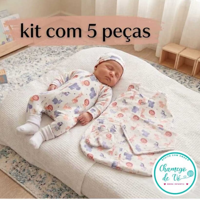Kit Bebê 5 Peças Algodão Saída Maternidade Saco de Dormir Macacão Gorro Luvas Babador