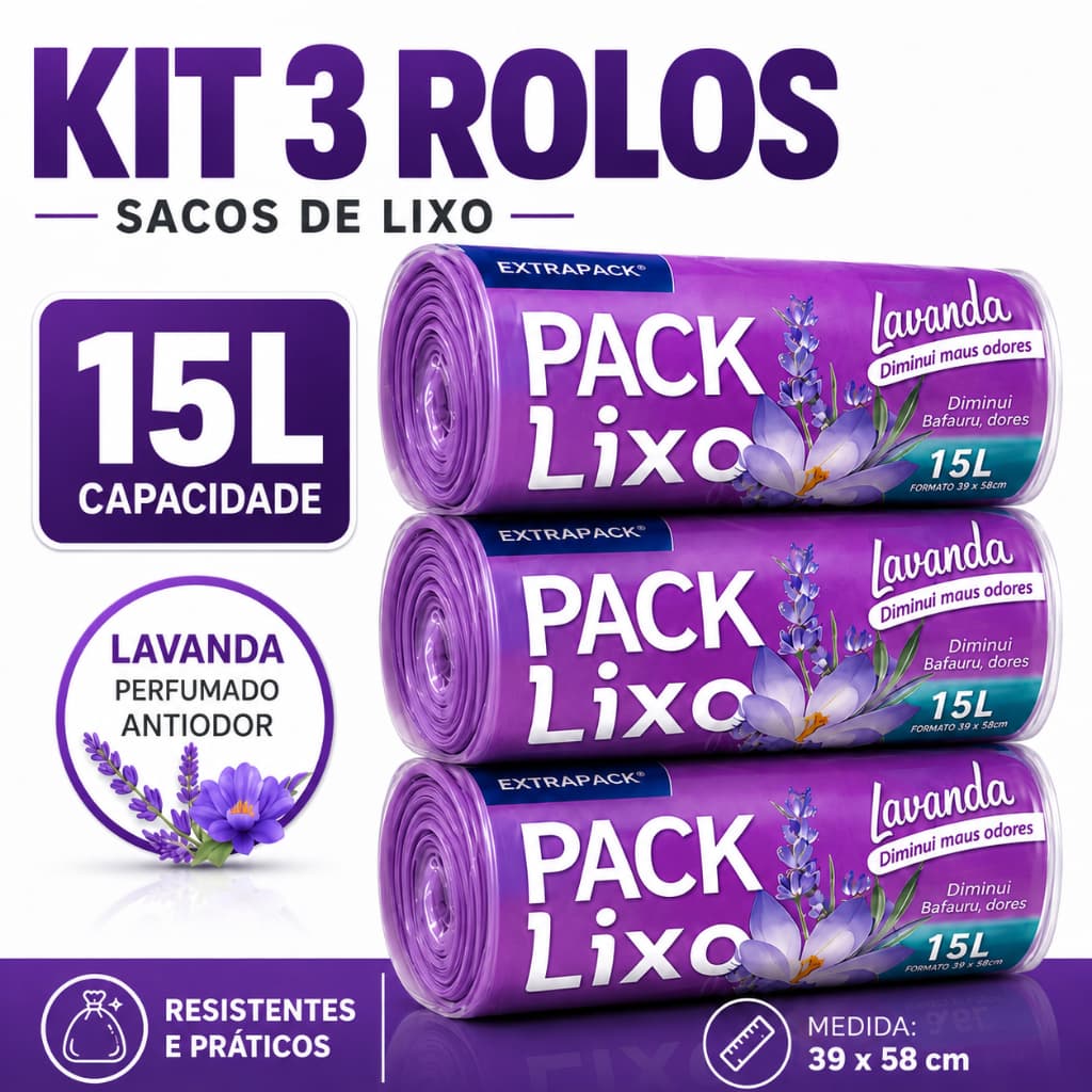 Kit Sacos de Lixo 15 Litros Perfumado Lavanda Resistente 60 Sacos Cheiroso Antiodor Neutraliza Odor Mau Cheiro 39x58