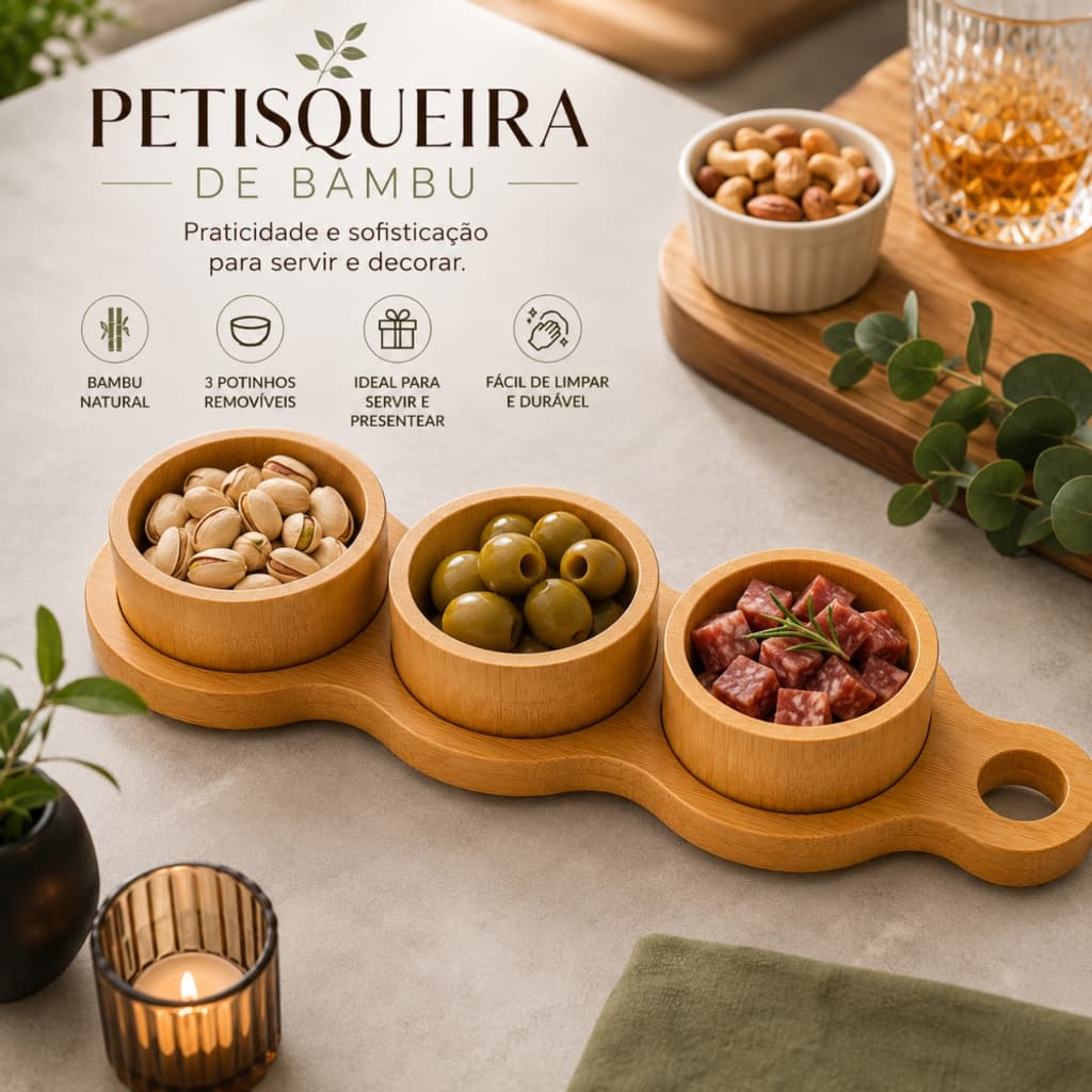 Petisqueira de Bambu com 3 Potes Removíveis 85ml Bandeja para Petiscos Aperitivos Frios Doces Molhos 34cm