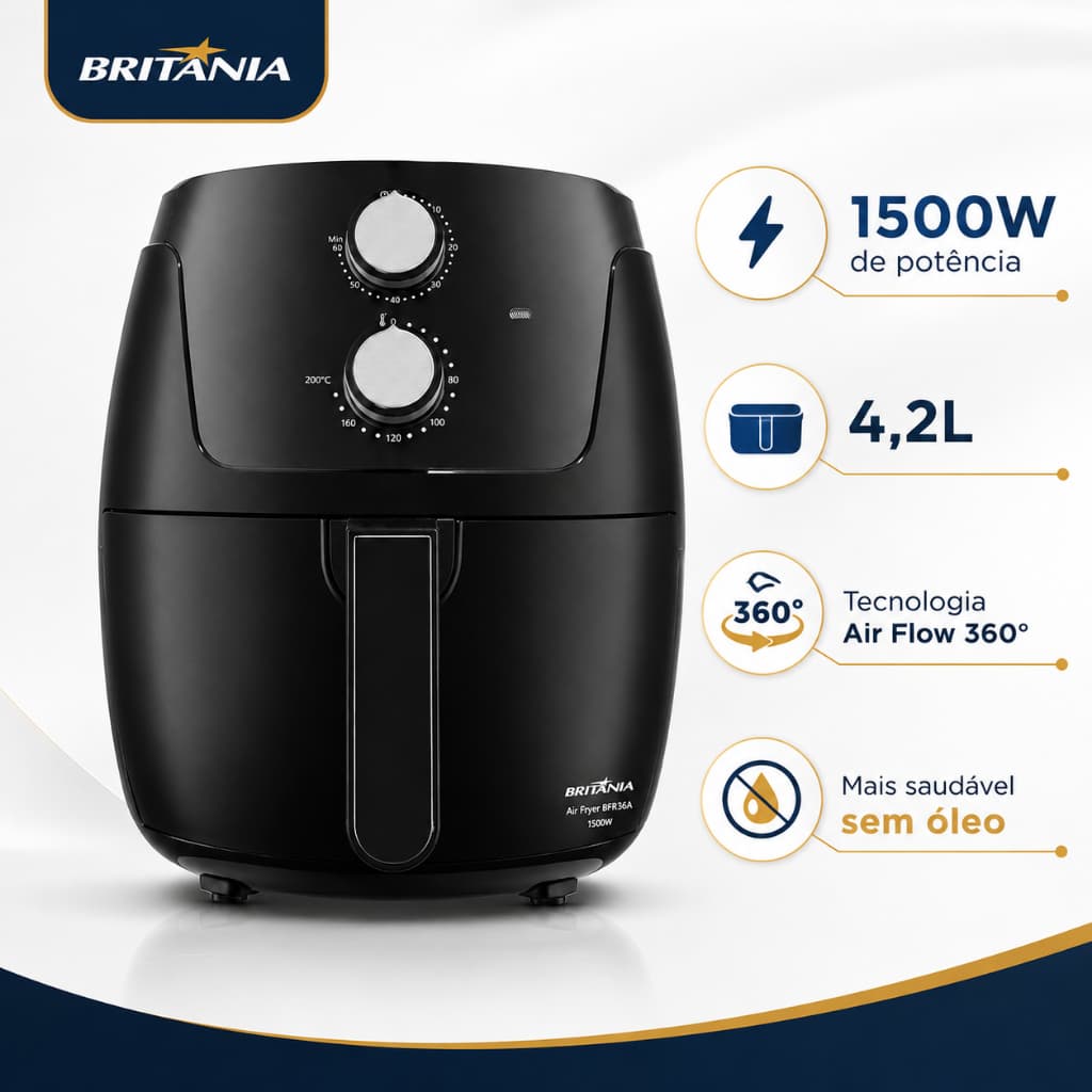 Fritadeira Elétrica Air Fryer Britânia BFR36A Silverstone 4,2L 1500W Air Flow Preta