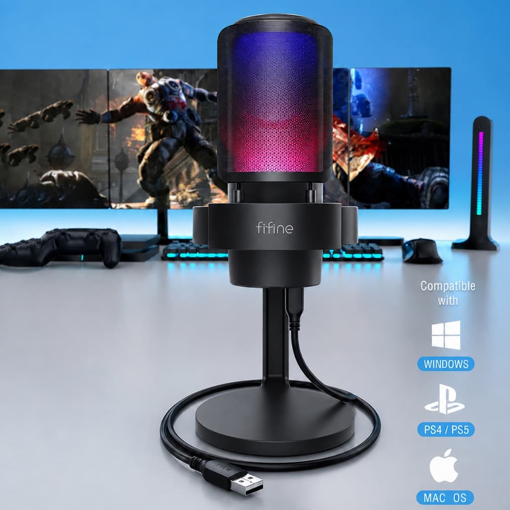 Microfone Gamer Fifine Com Fio Usb C Led Rgb Condensador Cardioide Touch Para PC/Mac PS4 PS5 Streaming Podcast A8 Preto